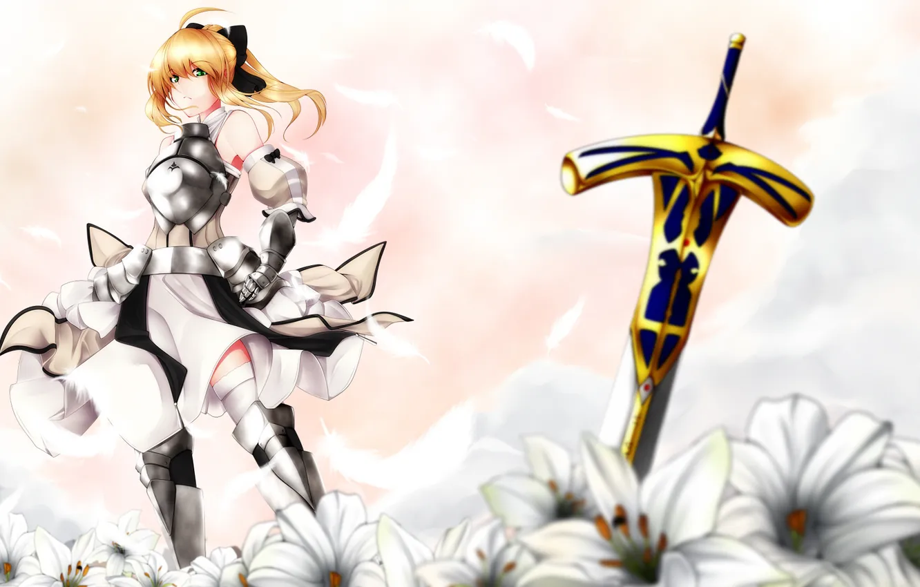 Photo wallpaper girl, flowers, sword, feathers, saber, armor, lily, Fate/Stay night