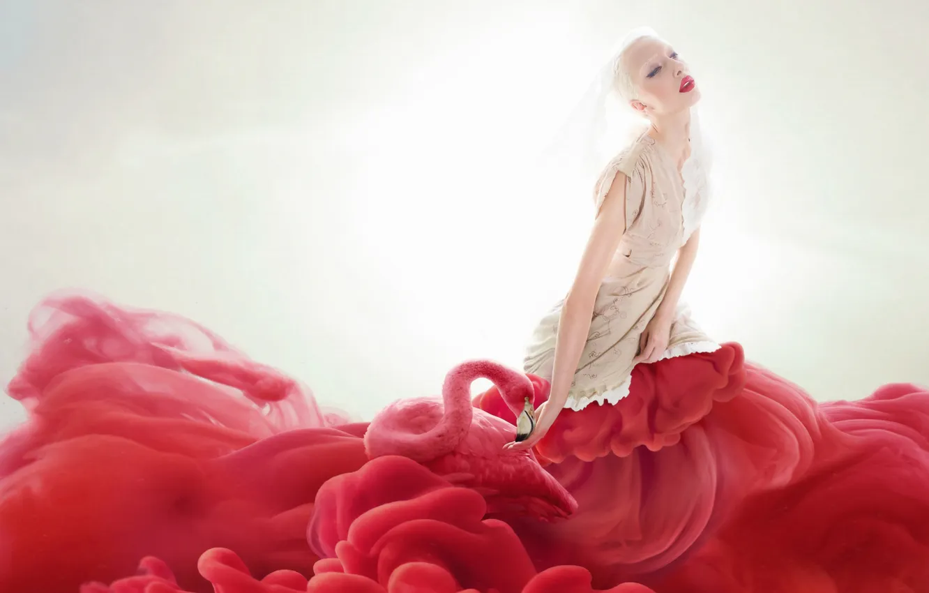 Photo wallpaper girl, creative, smoke, makeup, blonde, Flamingo