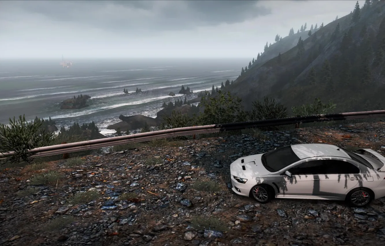 Photo wallpaper mountains, the ocean, need for speed hot pursuit, Mitsubishi Lancer Evolution X