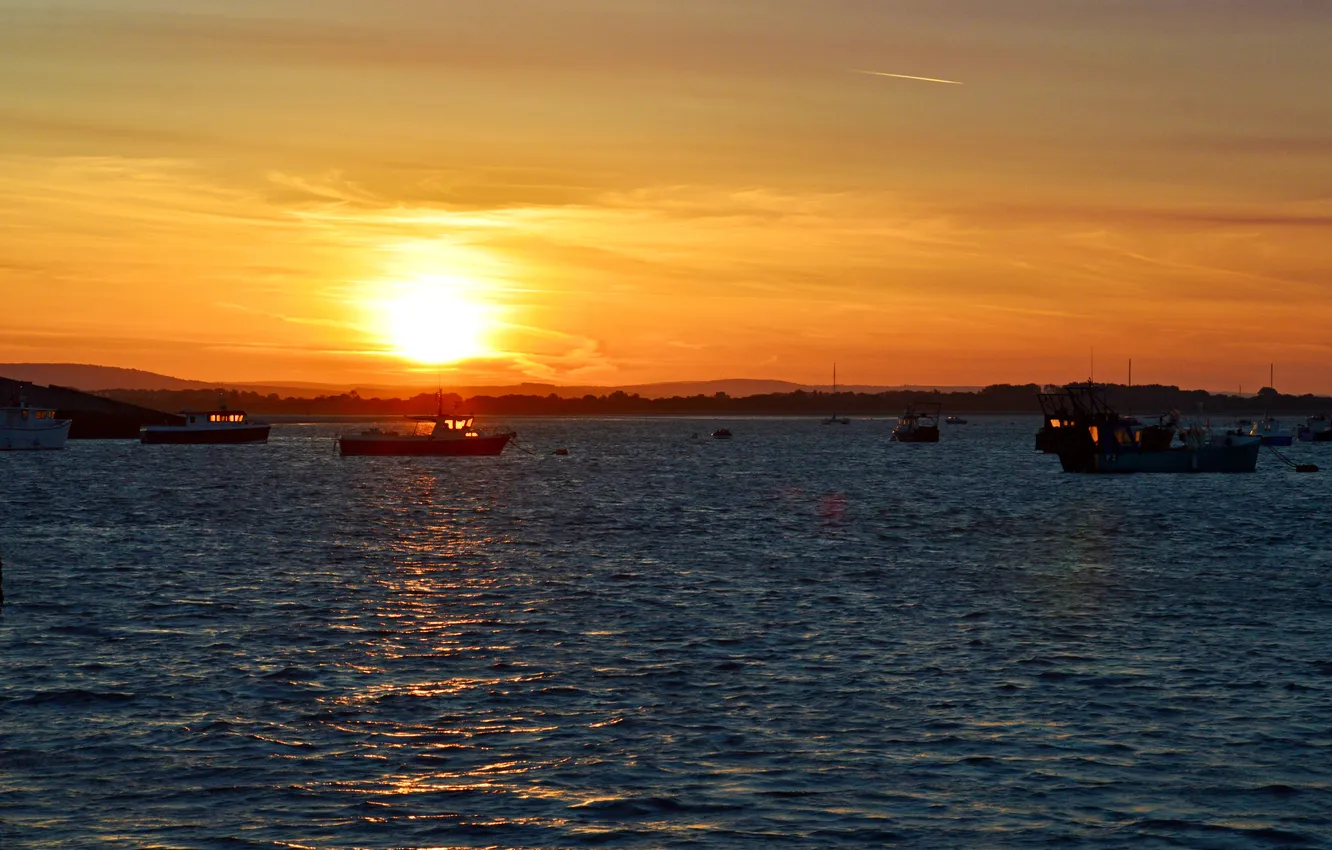 Photo wallpaper wave, the sky, water, the sun, sunrise, morning, boat, Bay