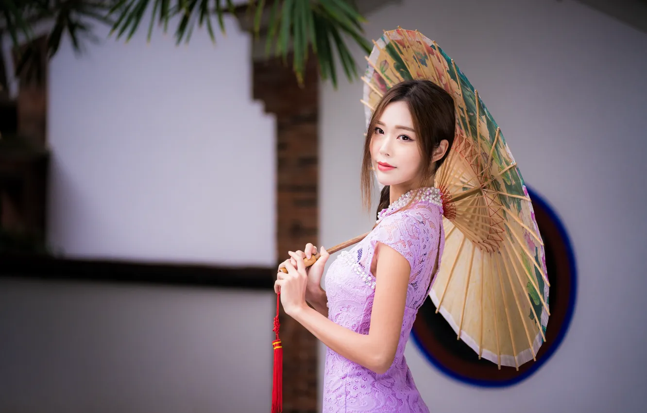 Photo wallpaper girl, umbrella, dress, Asian