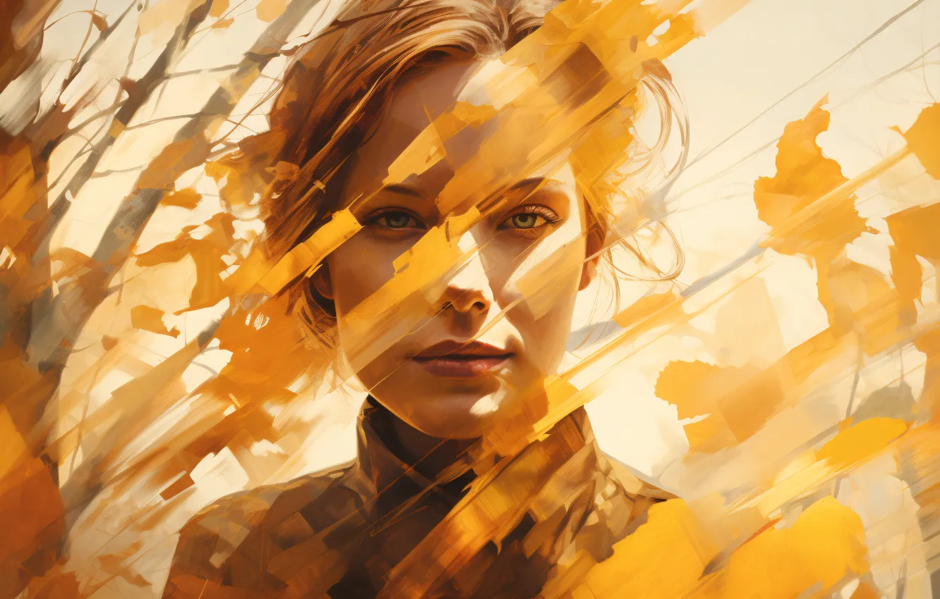 Photo wallpaper Girl, Look, Autumn, Face, Digital art, AI art, The Art of Artificial Intelligence, Neural network