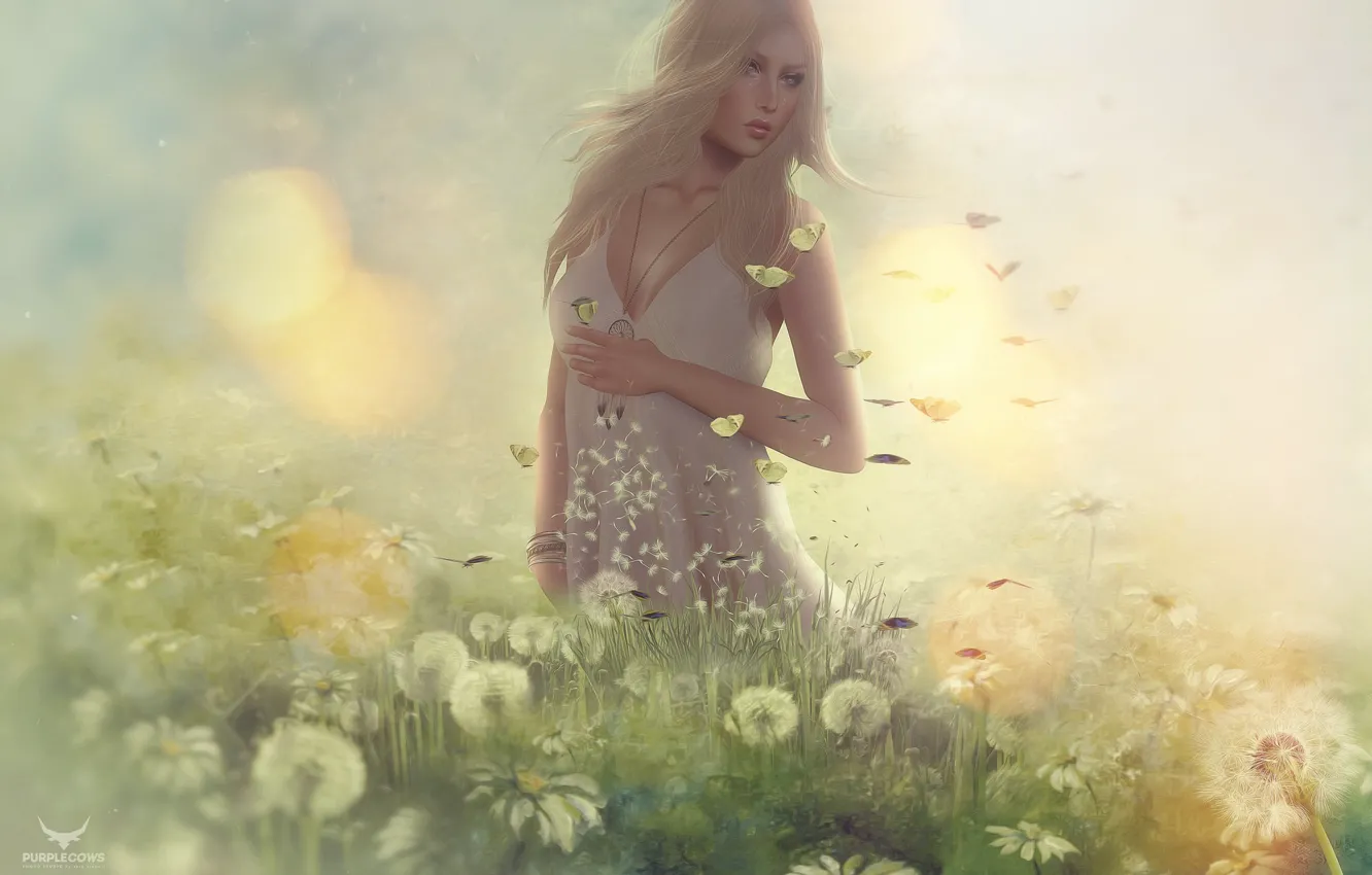 Photo wallpaper girl, dandelion, meadow, blonde