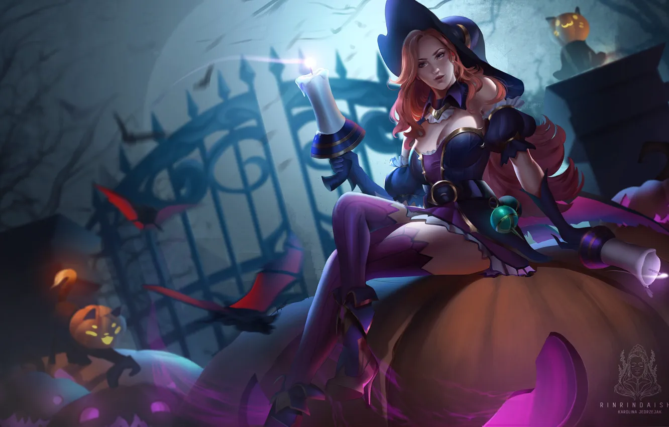 Photo wallpaper girl, night, hat, candles, pumpkin, Halloween, witch, League of Legends