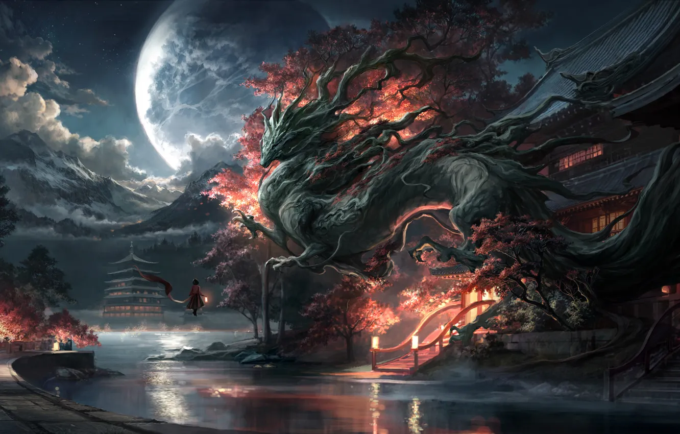 Photo wallpaper clouds, night, city, the city, river, the moon, dragon, moon