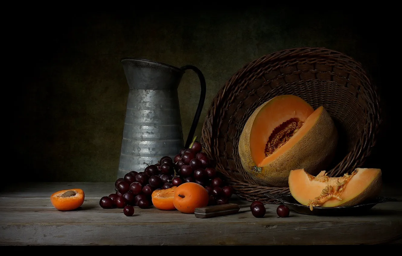 Photo wallpaper basket, grapes, pitcher, fruit, still life, melon, apricots