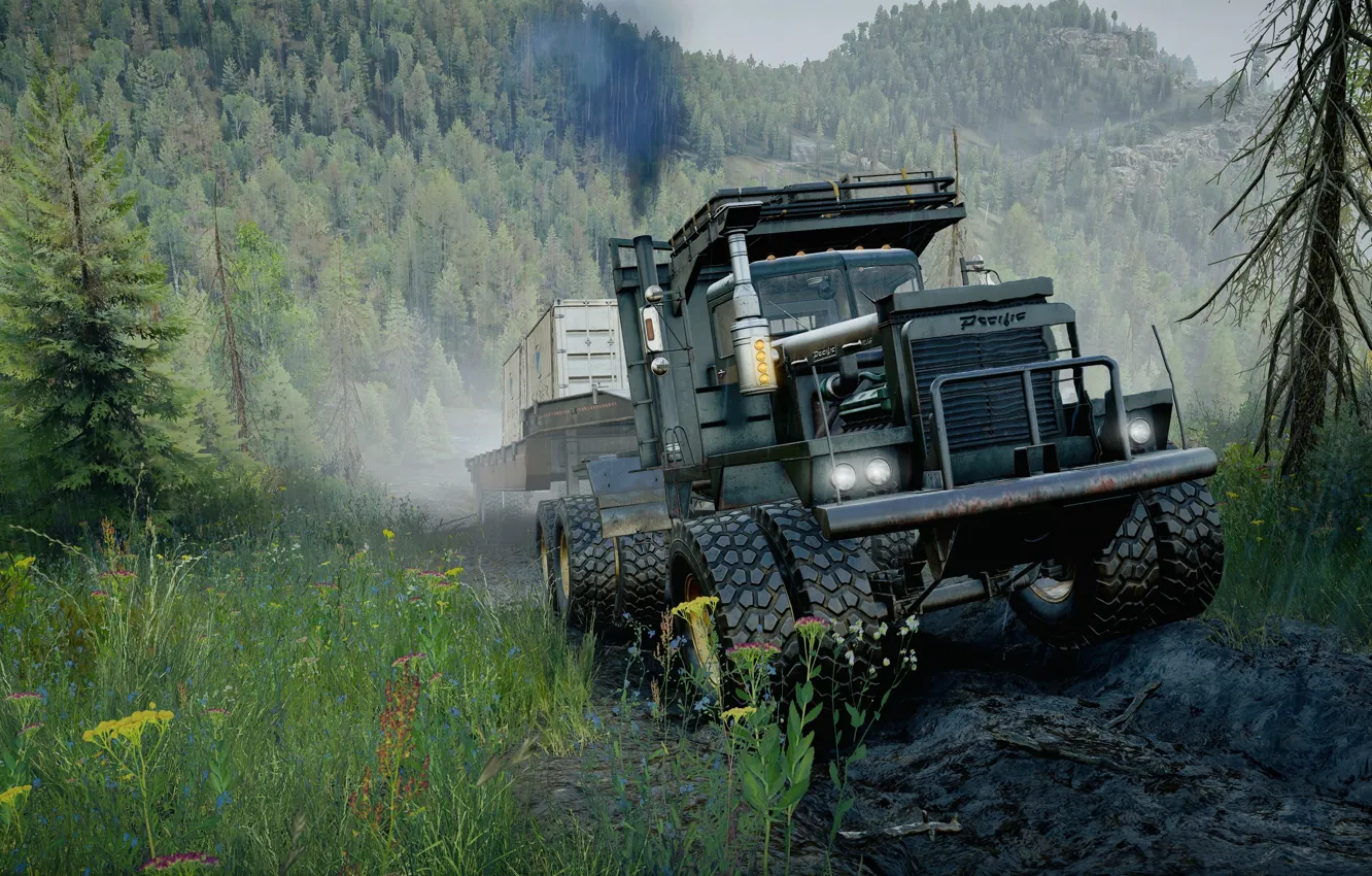 Photo wallpaper HDR, Canada, Wood, Smoke, Truck, Game, Trees, Mud