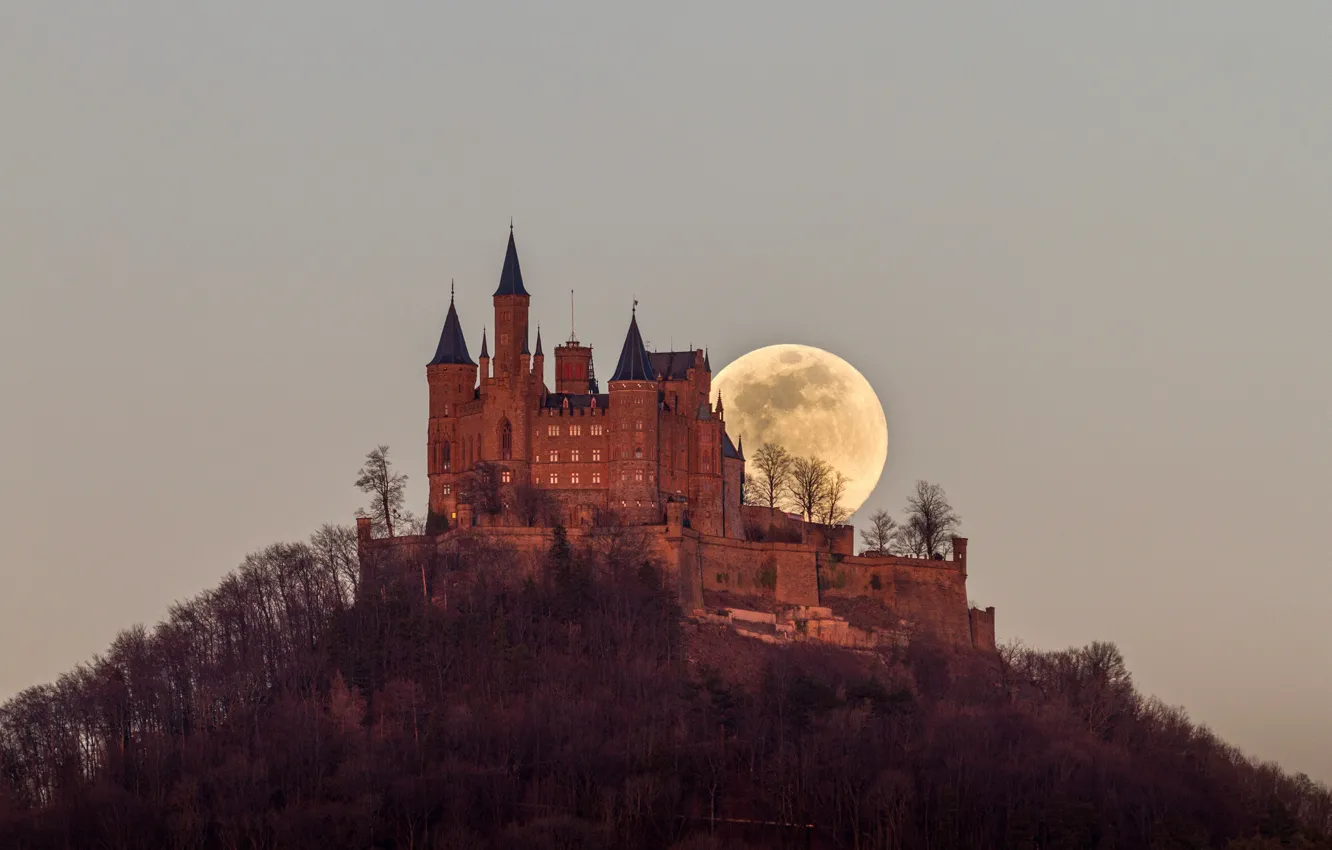 Photo wallpaper the sky, trees, castle, the moon, wall, mountain, the evening, Germany