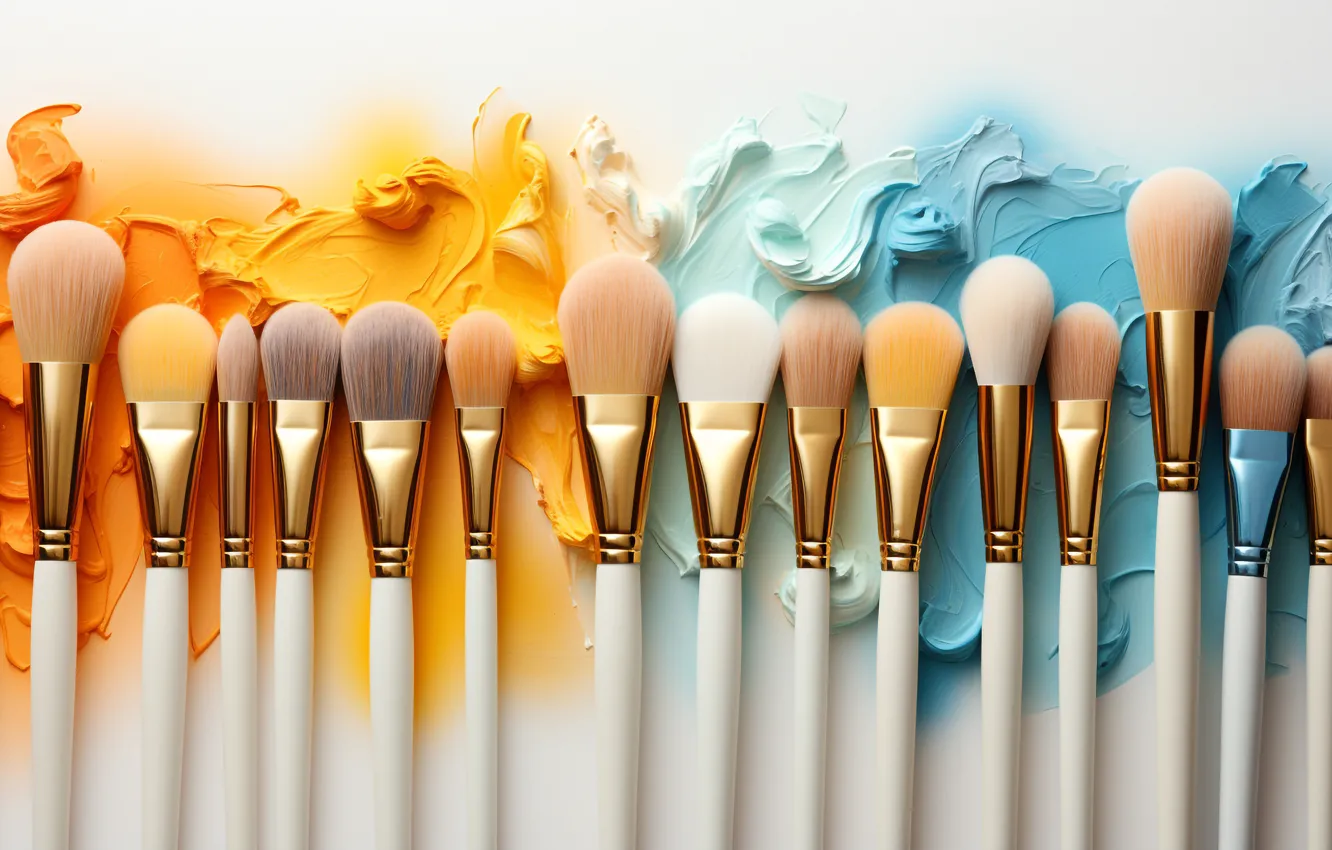 Photo wallpaper yellow, blue, paint, white background, palette, brush, different, a lot