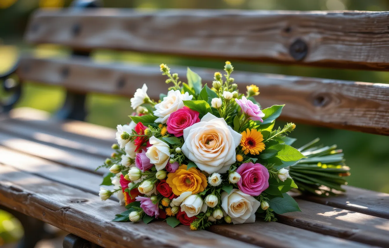 Photo wallpaper flowers, bench, Park, roses, bouquet, shop, pink, white