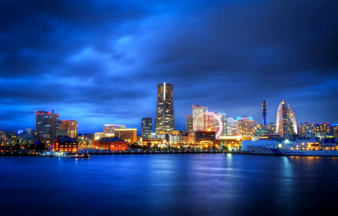 Photo wallpaper night, the city, lights, skyscrapers, Japan, Bay, Ferris wheel, Japan