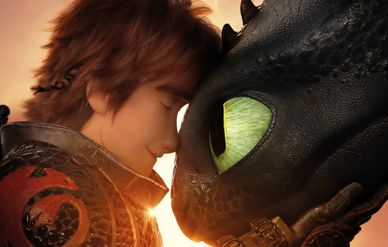 Photo wallpaper close-up, dragon, cartoon, poster, Hiccup, Toothless, Viking, How to Train Your Dragon: The Hidden World