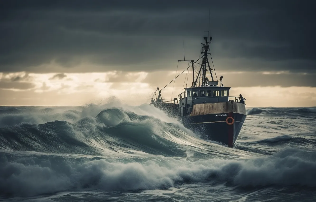 Photo wallpaper sea, wave, clouds, ship, digital art, AI art, The Art of Artificial Intelligence, neural network