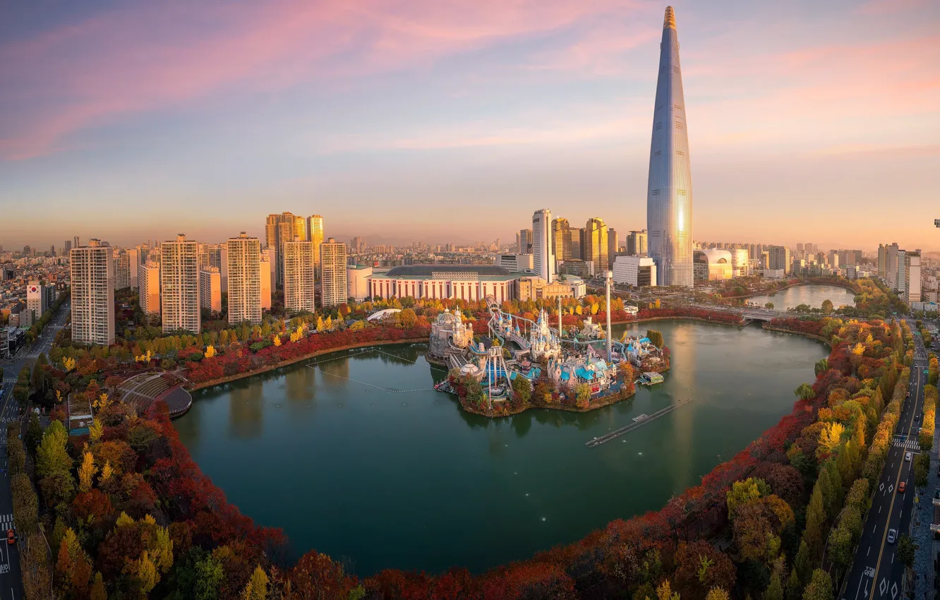 Photo wallpaper autumn, lake, Park, building, tower, home, South Korea, Seoul