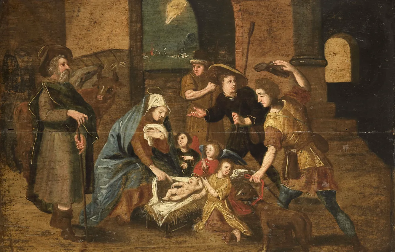 Photo wallpaper oil, picture, mythology, The Adoration Of The Shepherds, 1699, Marten de Vos, Martin de Vos
