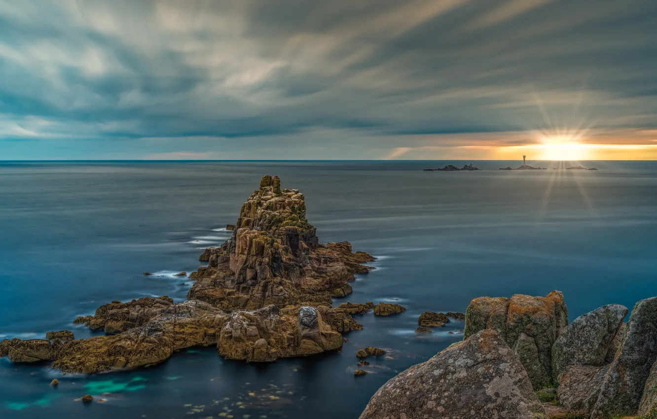 Photo wallpaper sea, rocks, dawn, England, morning, Cornwall