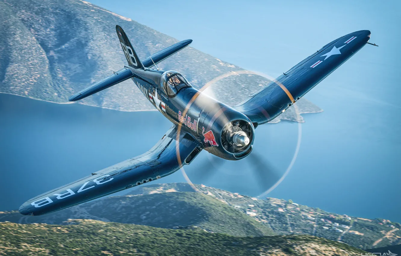 Photo wallpaper Sea, Fighter, Red Bull, Pilot, Corsair, Chance Vought F4U Corsair, The Second World War, F4U …