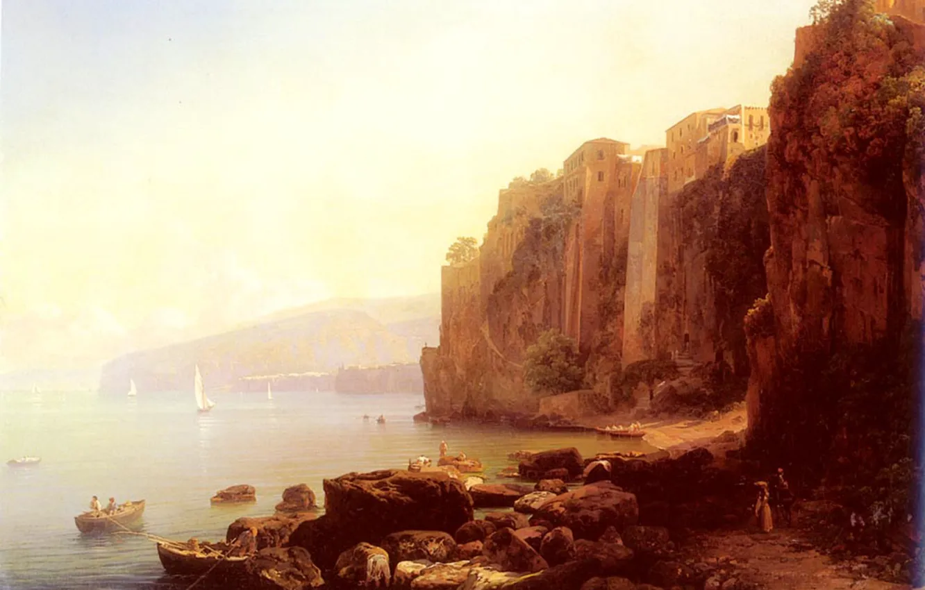 Photo wallpaper sea, fog, stones, rocks, boat, people, home, haze