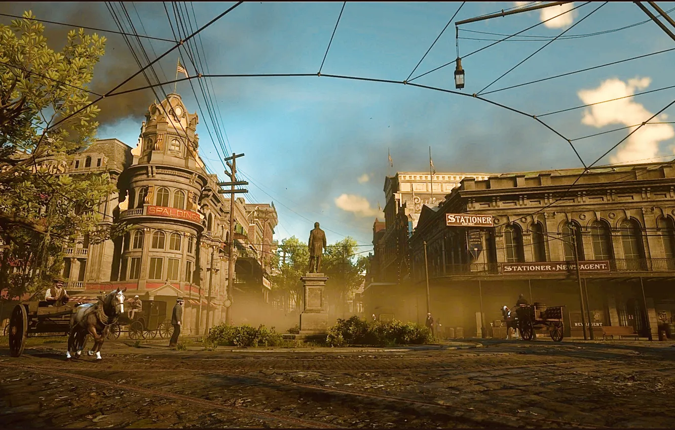 Photo wallpaper HDR, game, sky, smoke, clouds, dust, houses, horse