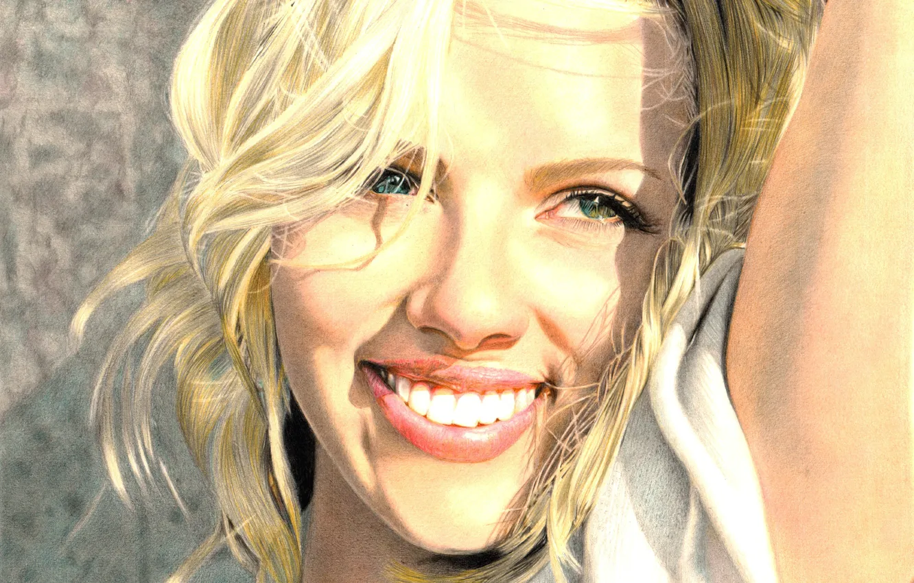 Photo wallpaper smile, actress, Scarlett Johansson, blonde, painting, green eyes