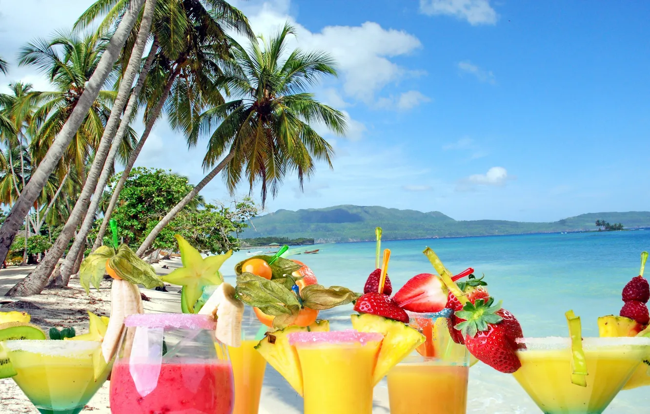 Photo wallpaper summer, beach, fresh, sea, cocktails, fruit, drink, palms