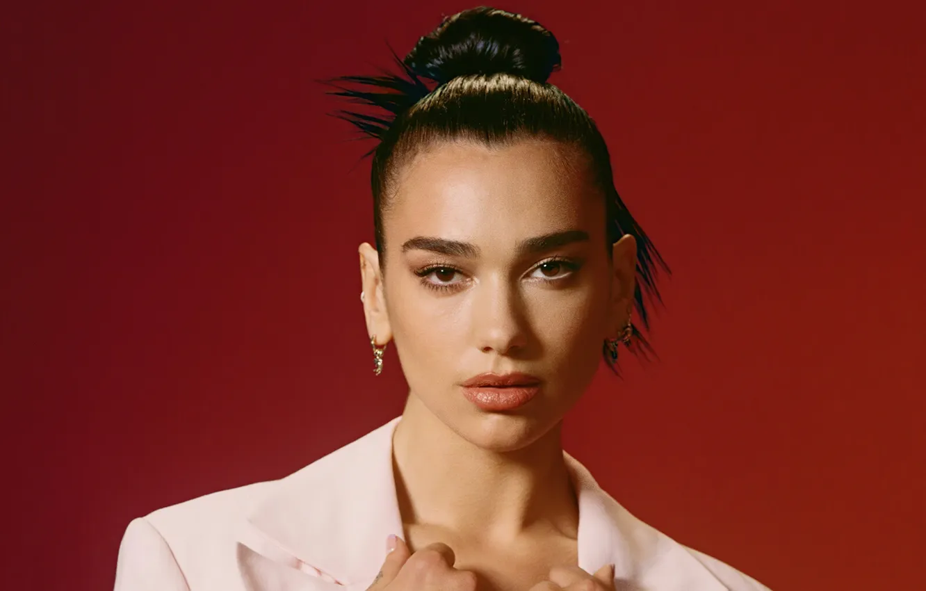 Photo wallpaper look, pose, model, makeup, singer, Dua Lipa, Dua Lipa, background red