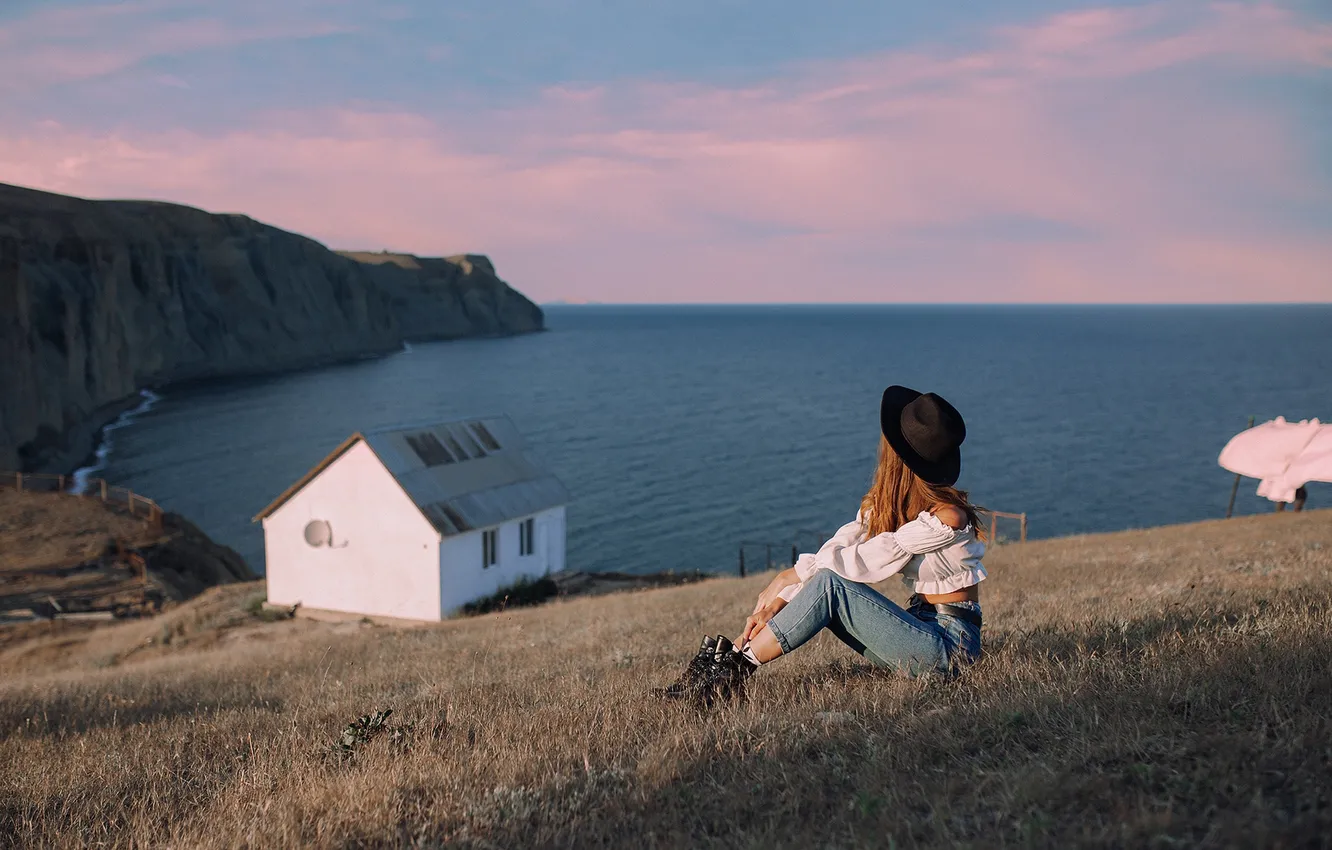 Photo wallpaper girl, grass, sky, sea, landscape, nature, clouds, model