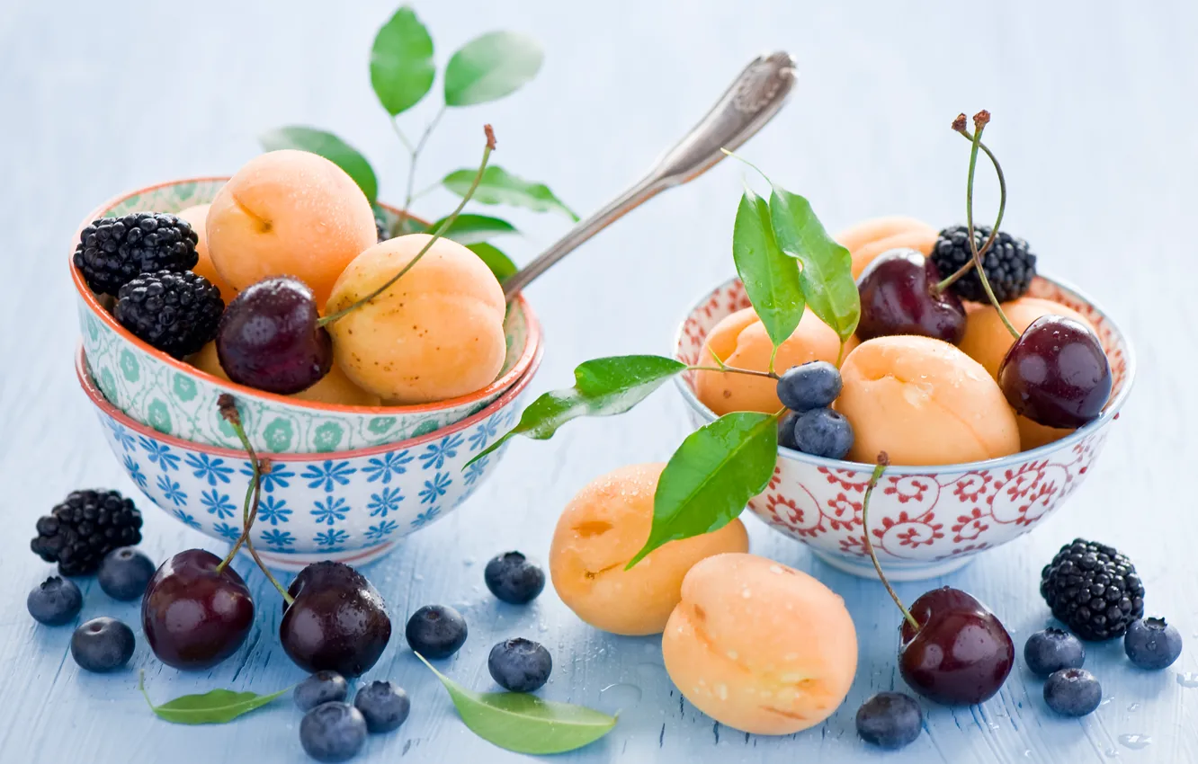 Photo wallpaper leaves, cherry, berries, blueberries, dishes, fruit, still life, BlackBerry