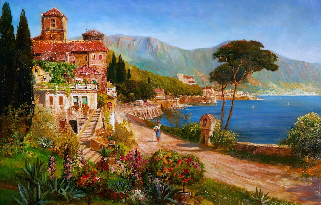 Photo wallpaper water, girl, trees, mountains, home, picture, Alois Arnegger, Austrian painter