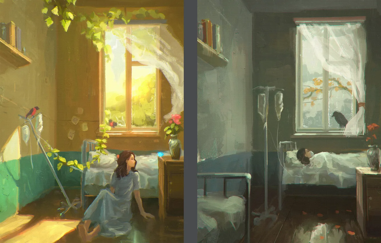 Photo wallpaper girl, flowers, fantasy, bird, art, Raven, bullfinch, coma