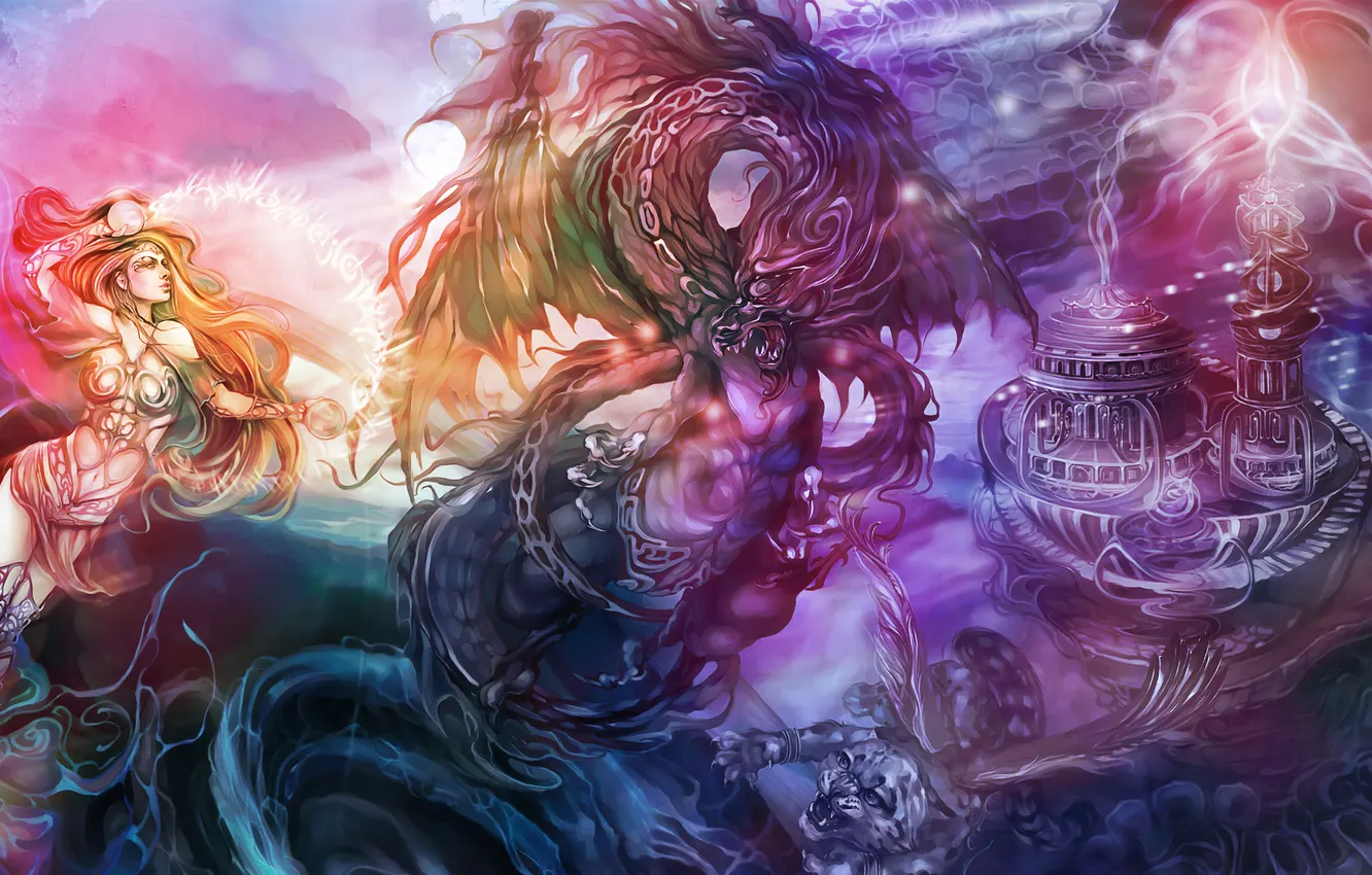 Photo wallpaper energy, girl, magic, dragon, mechanism, being, sphere