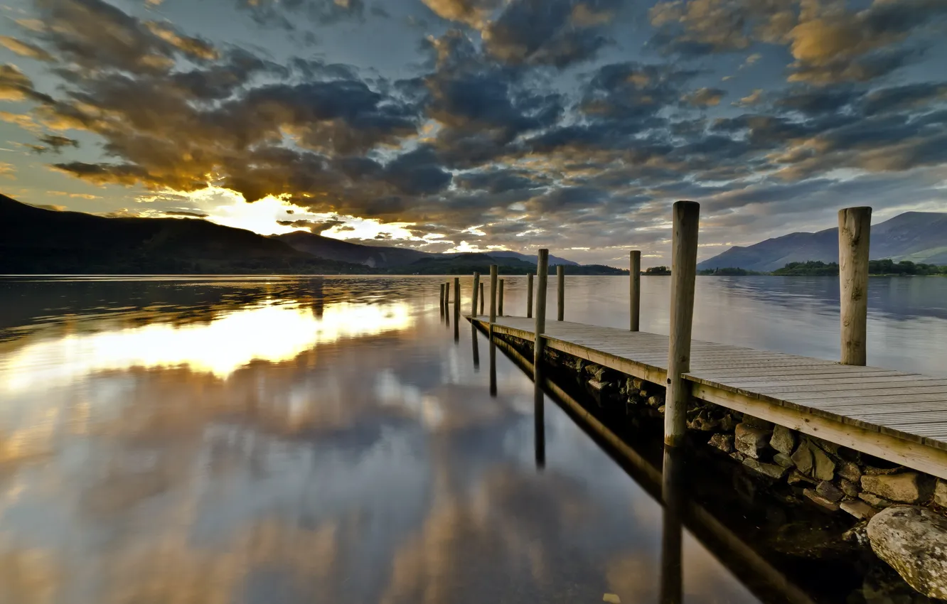 Photo wallpaper landscape, bridge, lake