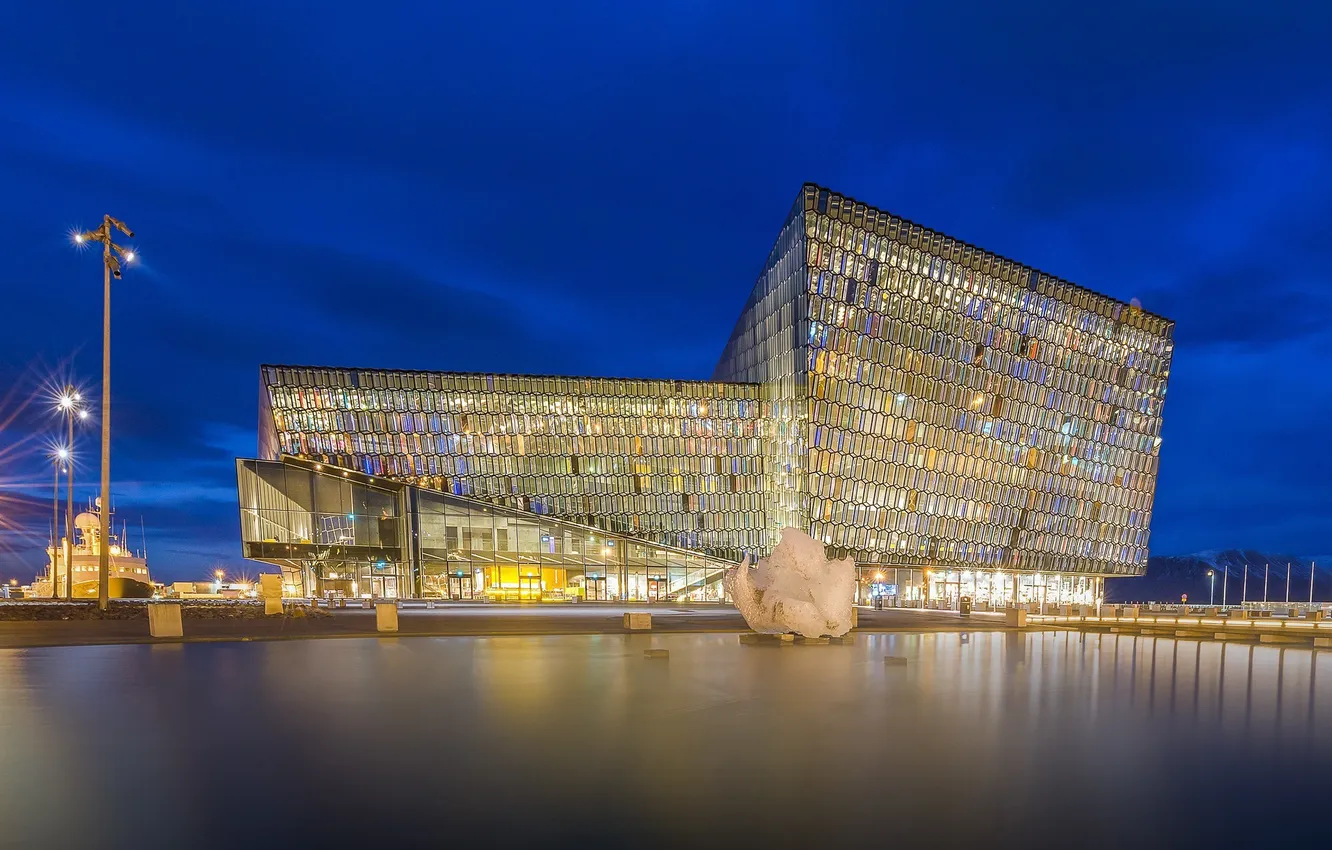 Photo wallpaper night, lights, building, Iceland, Reykjavik, Reykjavik