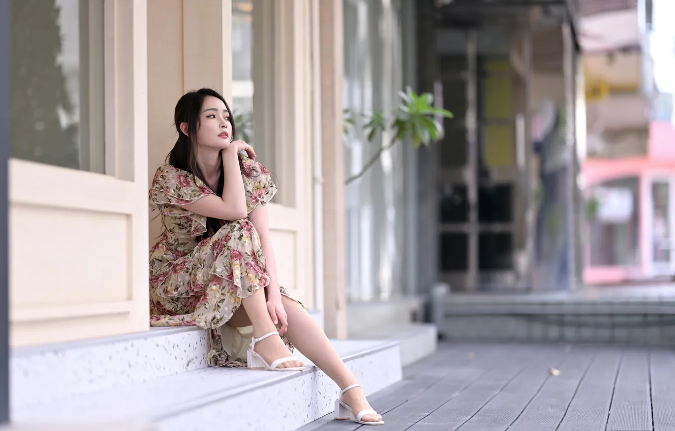 Photo wallpaper girl, dress, legs, Asian