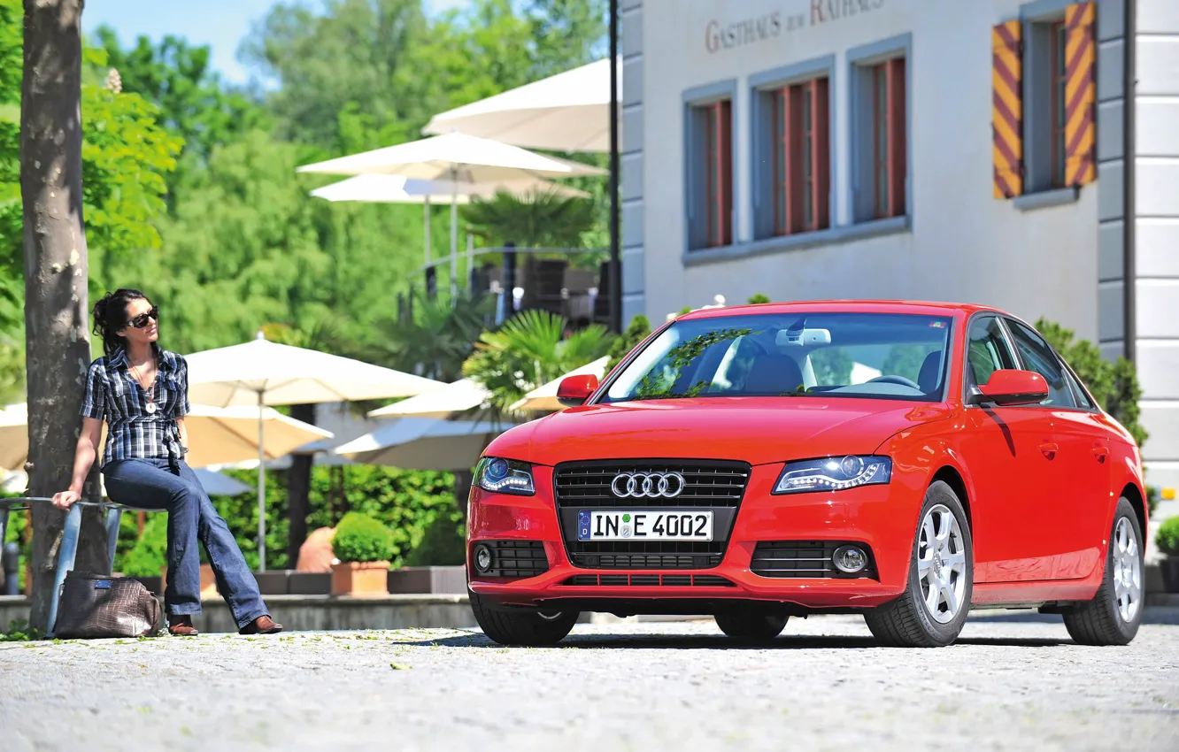 Photo wallpaper greens, girl, Audi, red car