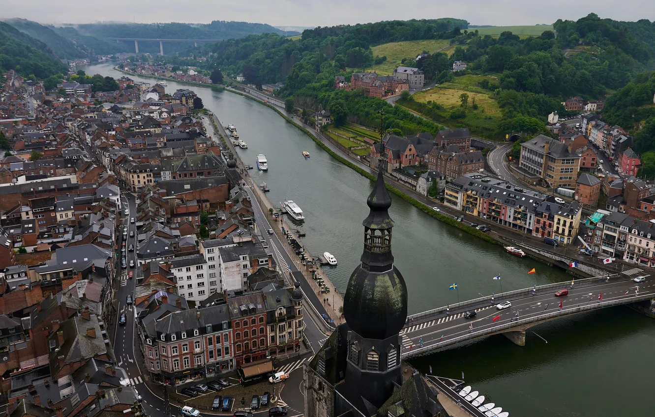 Photo wallpaper bridge, river, home, Belgium, the view from the top, Dinant