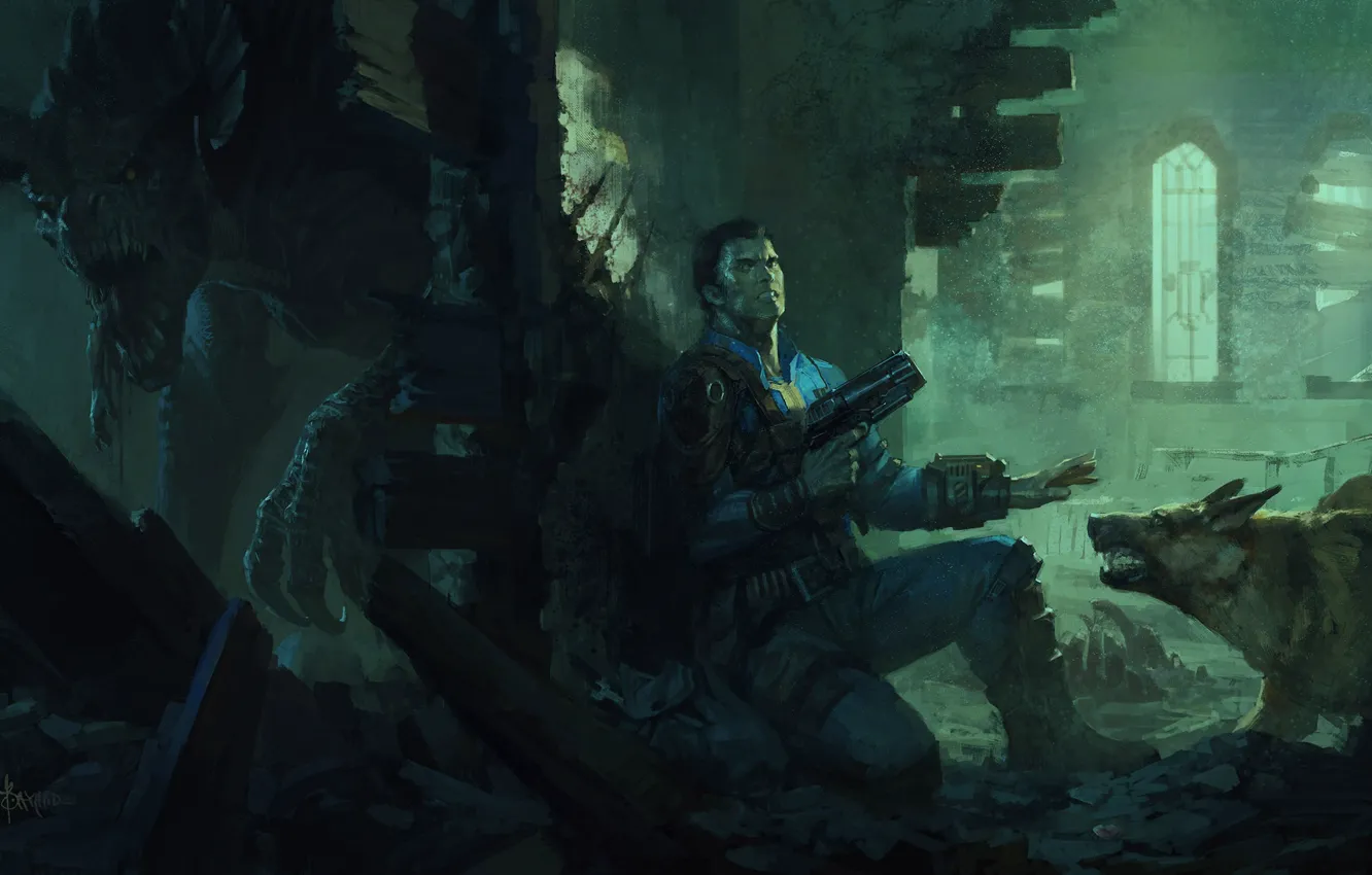 Photo wallpaper people, postapokalipsis, art, dog, Fallout 4, Deathclaw