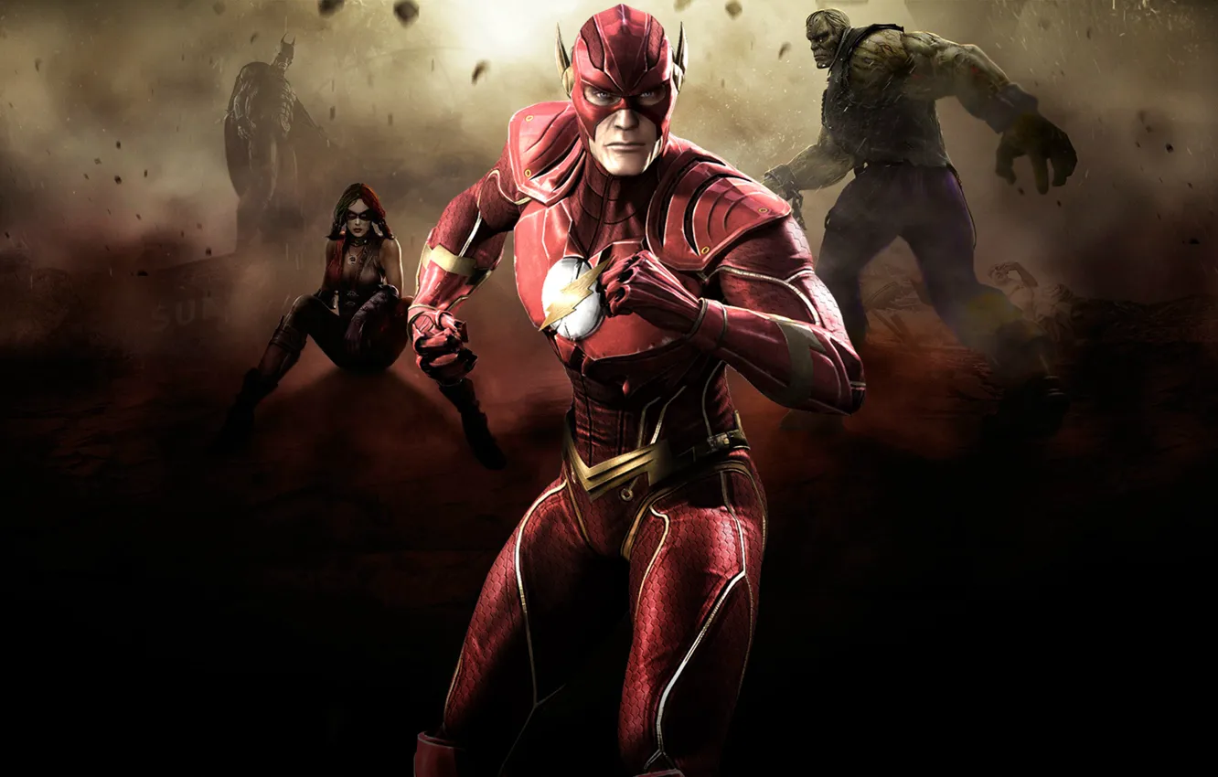 Photo wallpaper batman, flash, fighting, Harley Quinn, Injustice: Gods Among Us, Solomon Grundy