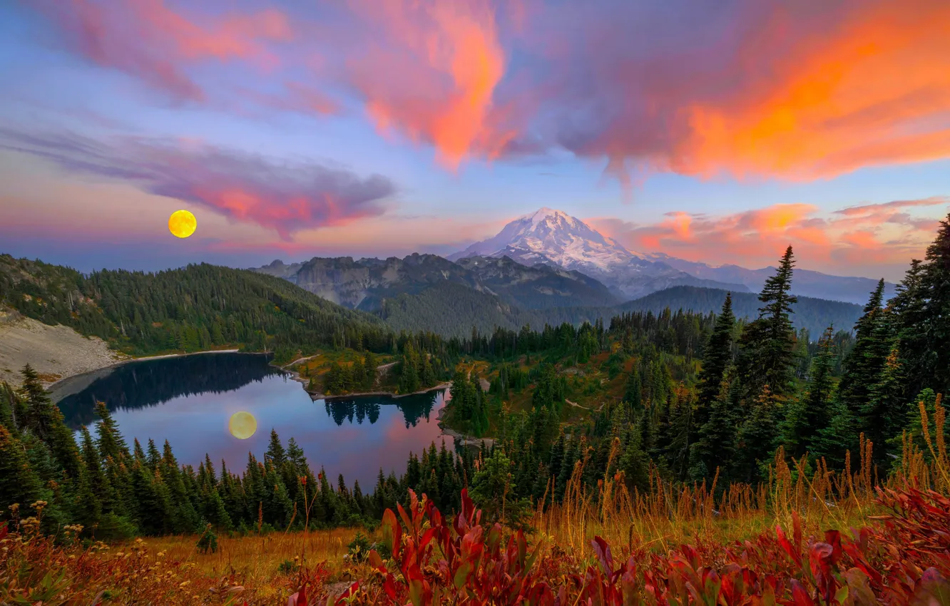 Photo wallpaper Sunset, Clouds, Mountains, Lake, The moon, Forest, Horizon, Moon