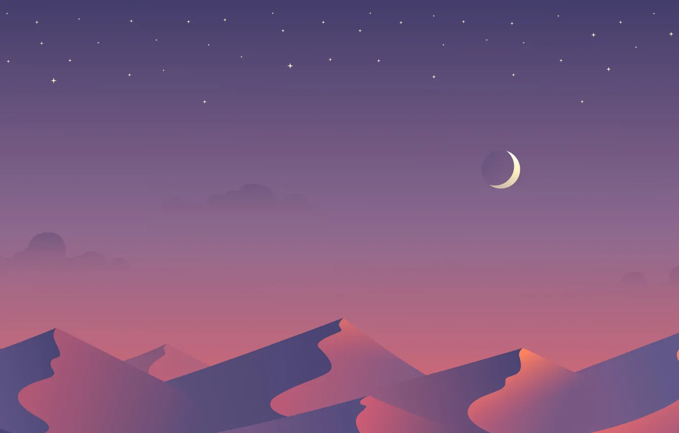 Photo wallpaper purple, the sky, stars, clouds, sunset, mountains, the moon, a month