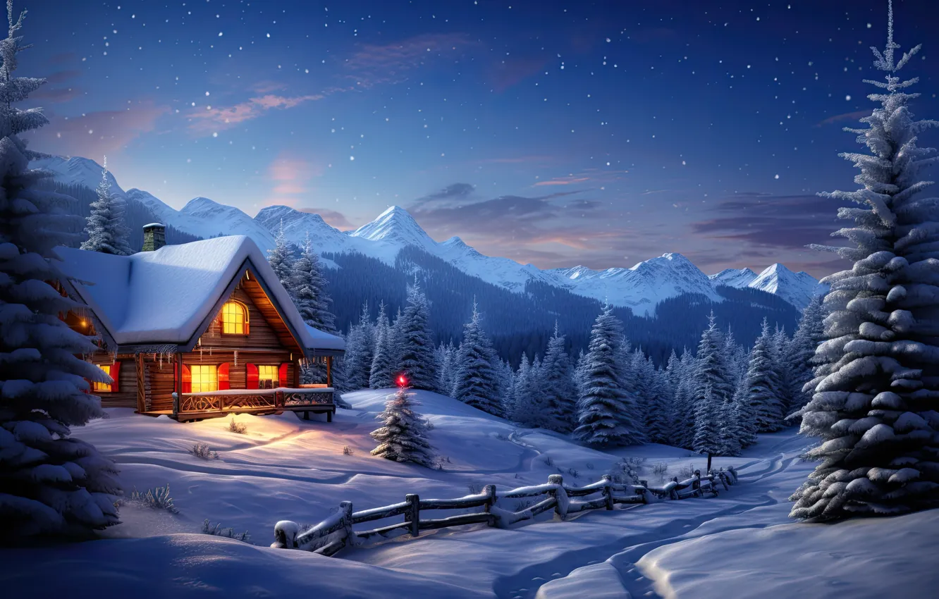 Photo wallpaper winter, forest, snow, night, house, Christmas, New year, house