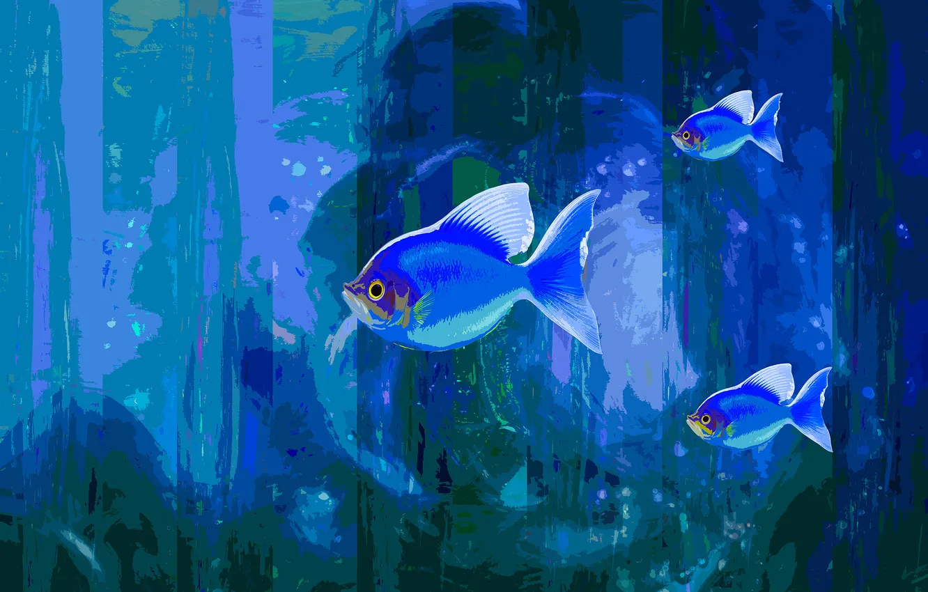 Photo wallpaper water, fish, blue, fish, painting, underwater world, trio, pond