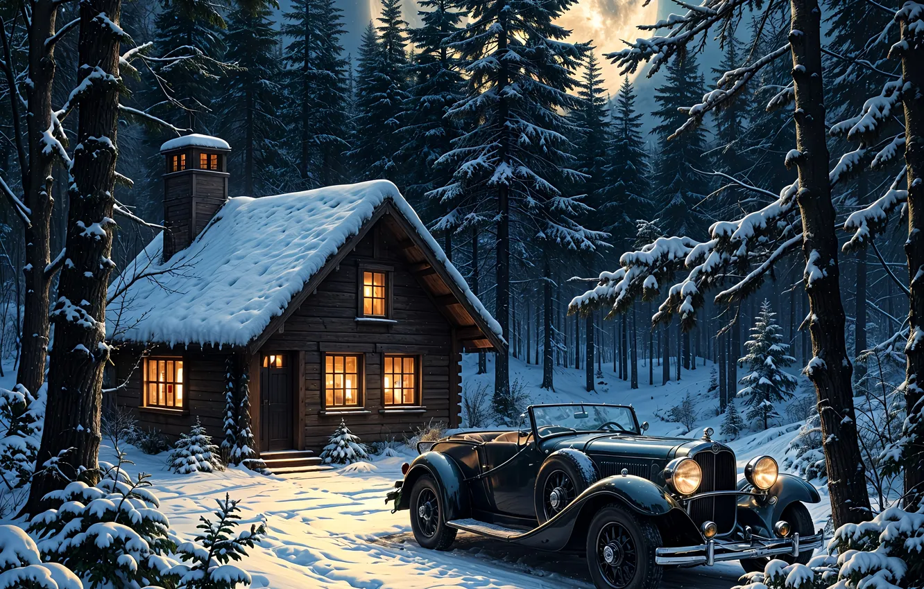 Photo wallpaper winter, frost, machine, forest, light, snow, trees, night