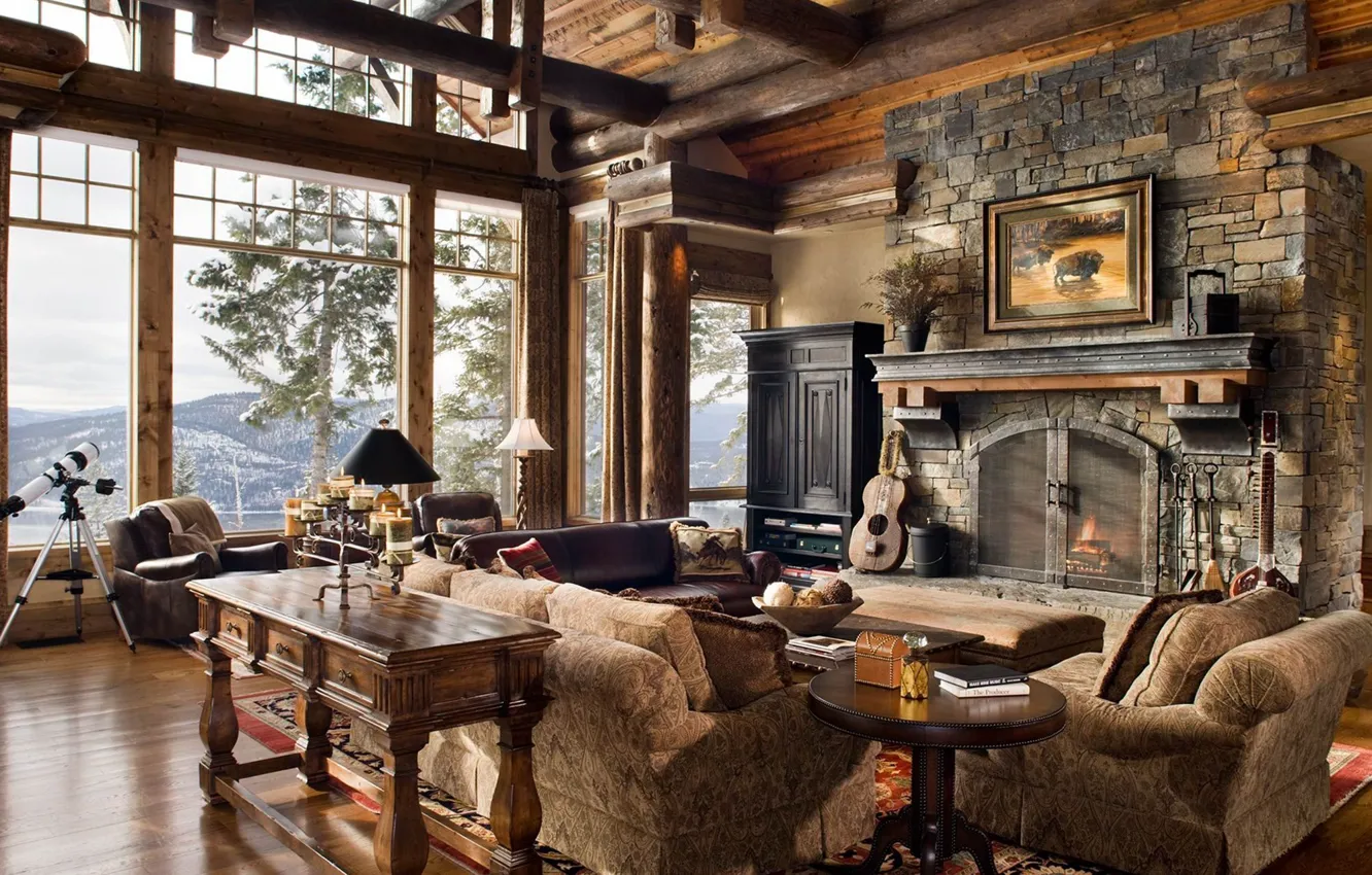 Photo wallpaper design, Villa, interior, fireplace, Rustic living room