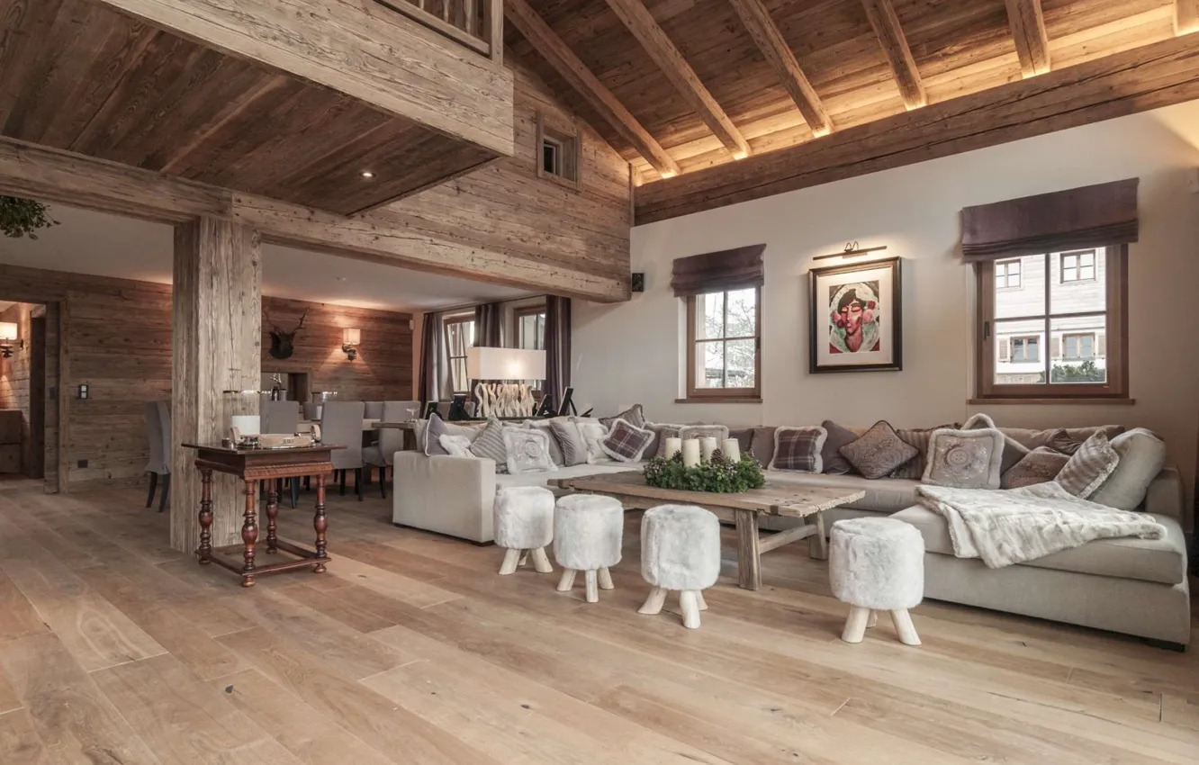 Photo wallpaper style, living room, interior, living space, dining room, trees