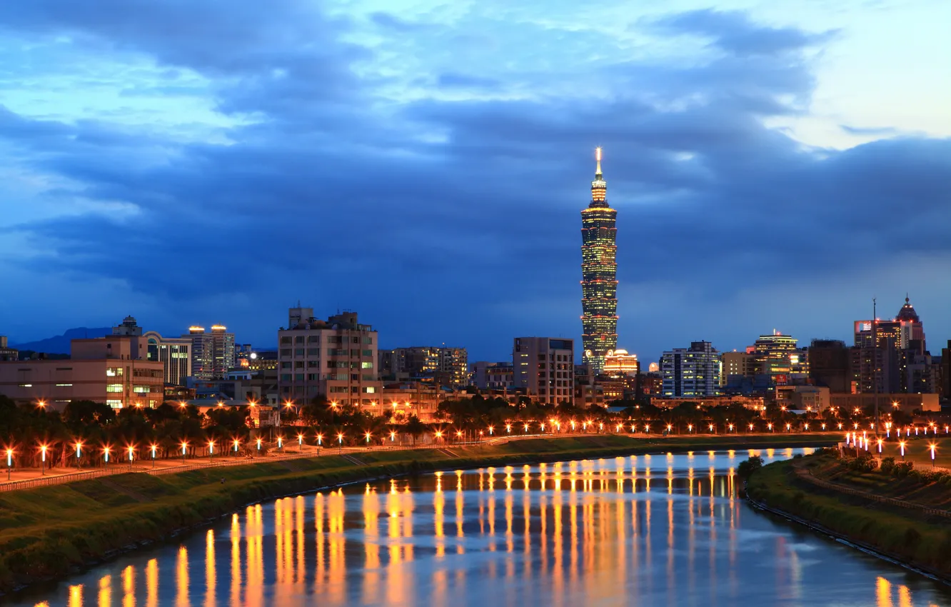 Photo wallpaper the sky, light, clouds, city, the city, lights, lights, reflection