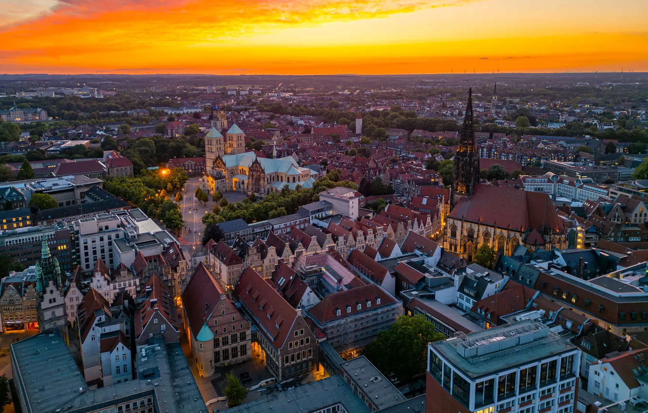 Photo wallpaper the sky, sunset, the city, home, Germany, Münster