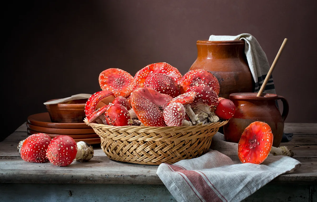 Photo wallpaper the dark background, table, mushrooms, mushroom, dishes, still life, items, composition
