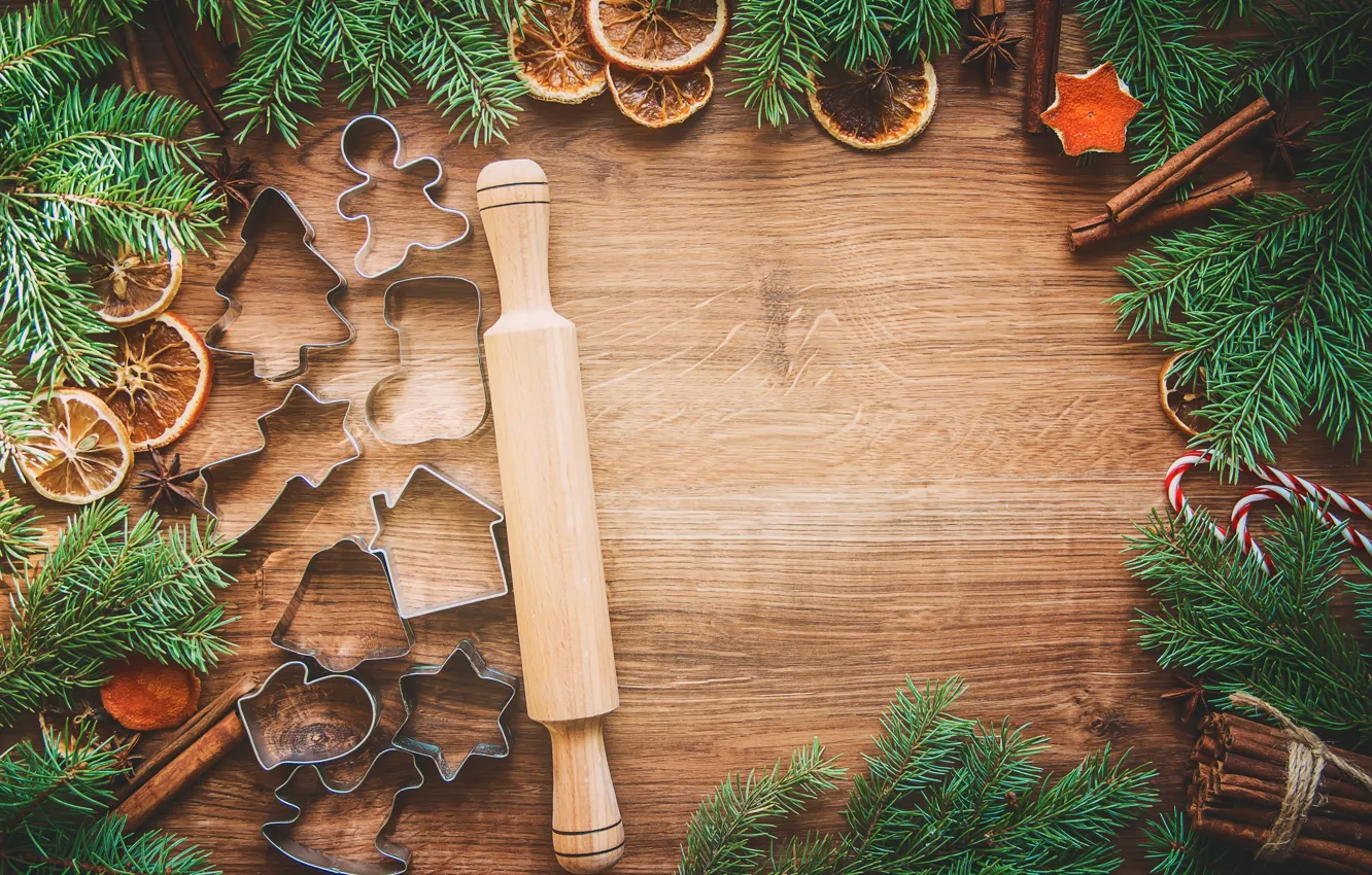 Photo wallpaper holiday, new year, lollipops, cinnamon, rolling pin, fir-tree branches, cookie cutters