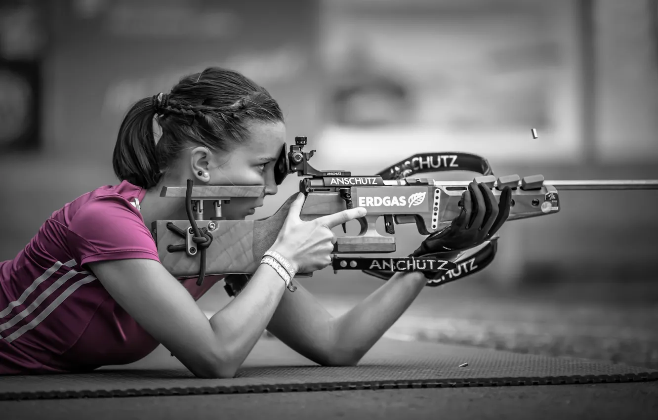 Photo wallpaper girl, shooting, bokeh, Pink Sniper